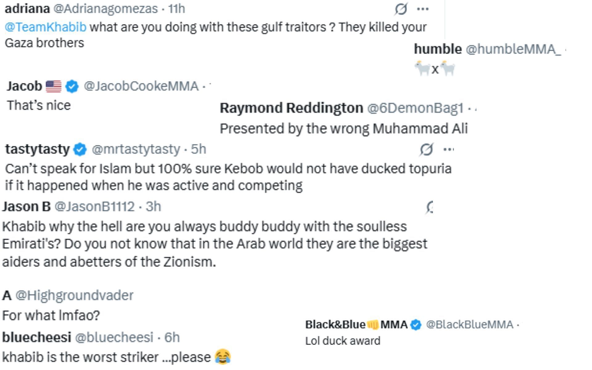 Screenshot of fan reactions to Khabib Nurmagomedov receiving an award featuring Muhammad Ali's signature